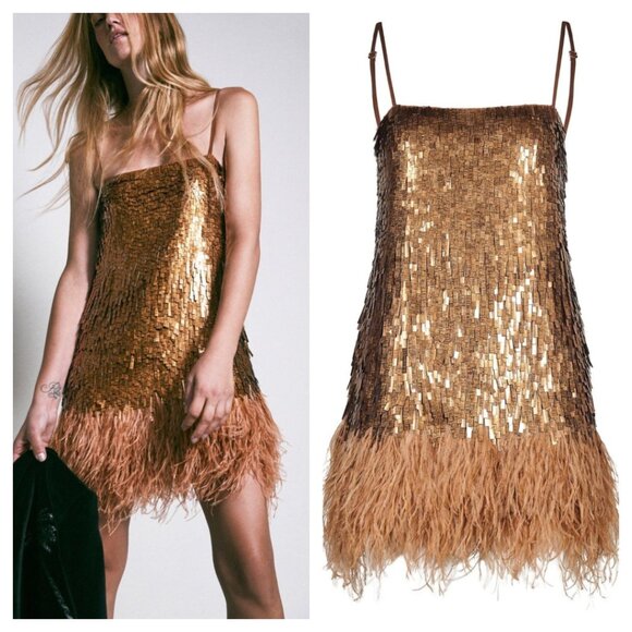 NWT Johanna Ortiz Chemical Attraction Metallic Feather Trim Minidress Gold Sz 10 - Picture 1 of 15
